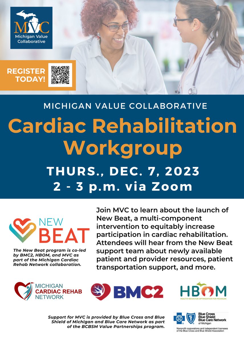 Join us next week (12/7, 2-3 EST) for a #cardiacrehab workgroup to outline the launch of the New Beat program with our partners at BMC2 and HBOM - patient education materials, provider-focused templates, and transportation support. Register now: umich.zoom.us/meeting/regist…