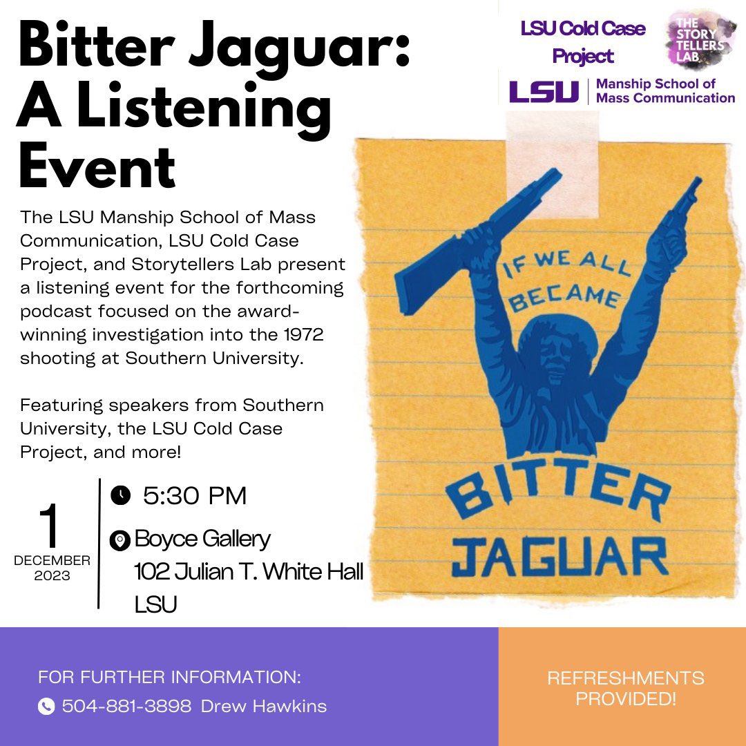 Will be on <a href="/LAConsidered/">Louisiana Considered</a> today to talk about the investigative podcast I made (which is slated to appear in the real world in January!) and a listening event I’m hosting at <a href="/LSU/">LSU</a> tomorrow! Tune in at noon and 7pm.

The event is open to the public, so come out!