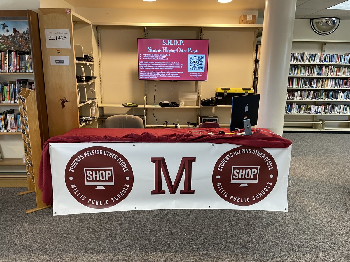 Millis_Tech's tweet photo. The Millis Public Schools student tech team, "SHOP" has made it official. Their banner with their student designed logo was waiting for them at their station this morning. https://t.co/GGLL6wecnA