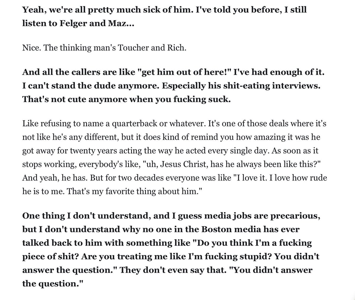 This was an amazing morning read with @lukeoneil47 and @david_j_roth on a range of topics.  On the light side with some AFC East chat, I hope some beat writer from Lowell snaps and tells Belichick to go fuck himself by the end of the season.