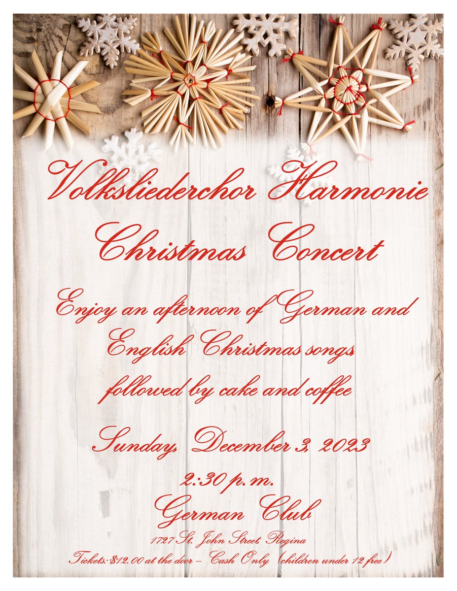saskgerman's tweet image. Join the Volksliederchor Harmonie on Sunday, December 3rd, at the German Club in Regina for their Christmas Concert and enjoy an afternoon of German and English Christmas Songs.

#germanchristmas #germantradition