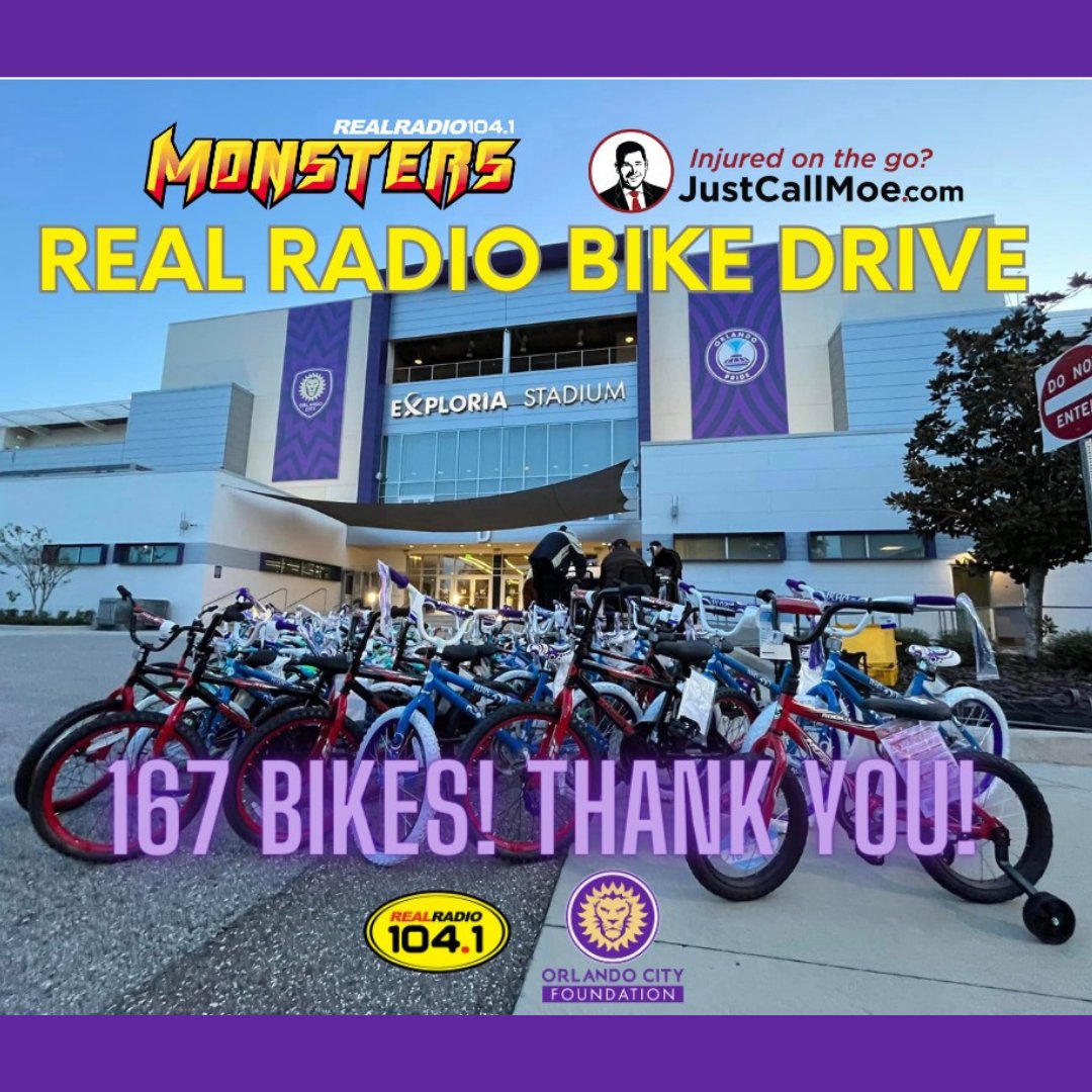 🚲💜 Huge thanks to our community! You turned our bike drive into a huge success with 167 bikes donated, surpassing our goal! Your generosity brings joy and adventure to so many kids. @realradio1041 <a href="/justcallmoe/">Just Call Moe</a> @ExploriaStadium