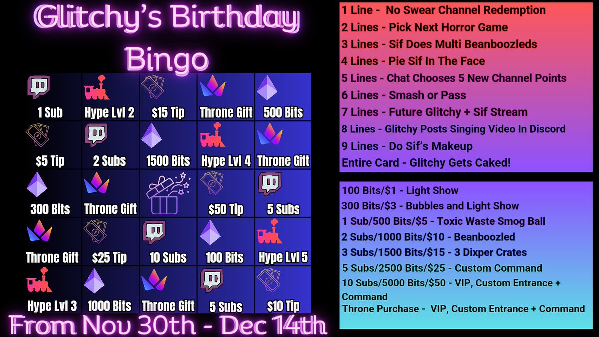 Glitchy_Siren's tweet photo. Tonight starts the Birthday Bingo Celebration! We're playing Bingo every stream leading up to my bday on the 14th. Help me celebrate getting older and enjoy some extra chaos! Anything done offstream counts towards it!! 
#twitch #birthday #celebrate #chaos #funtimes #hype https://t.co/4bW7nida2J