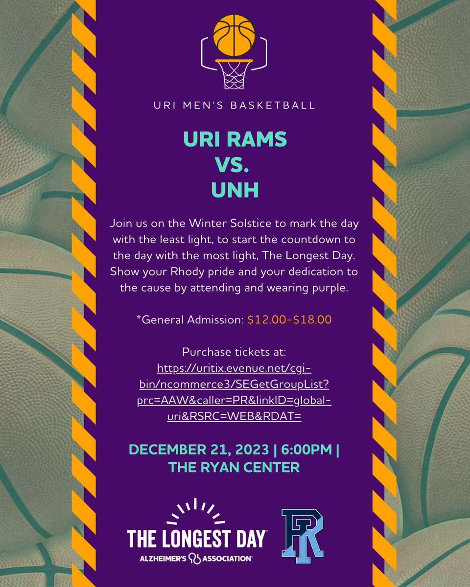 Join us for a URI Men's Basketball Game on the Winter Solstice the day with the least light, to start the countdown to The Longest Day. Show your Rhody pride and your dedication to the cause by attending and wearing purple. Purchase tickets at: uritix.evenue.net/cgi-bin/ncomme…