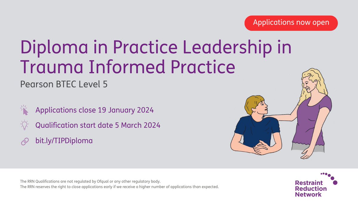 theRRNetwork's tweet image. Applications now open for our new BTEC Diploma in #PracticeLeadership in #TraumaInformed Practice.

Combining theory and practice, it will be of interest to those working in #health #SocialCare #Education or #SecureServices. 

Find out more bit.ly/TIPDiploma
