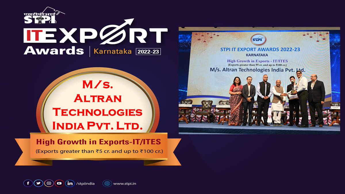 M/s. Altran Technologies India Pvt Ltd has been awarded with “High Growth in Exports IT/ITES (Exports greater than ₹5cr & upto ₹100cr)” at STPI IT Export Awards –Karnataka 2023 on the sidelines of on the sidelines of #BTS2023 @Rajeev_GoI @PriyankKharge @S_PrakashPatil @arvindtw