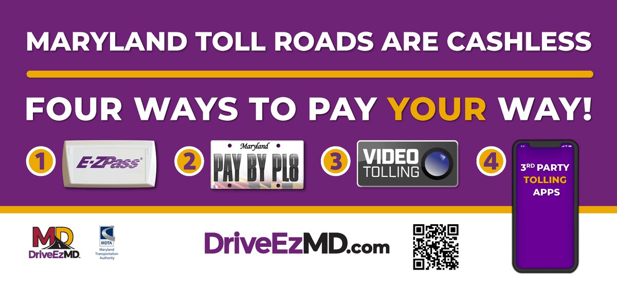 TheMDTA's tweet photo. There are four ways to pay tolls traveling on Maryland toll roads. #EZPassMD can save up to 77% with a discount plan. Visit https://t.co/JfOKmNK0Q6 to learn more or sign up! https://t.co/90S0Ic6yyW