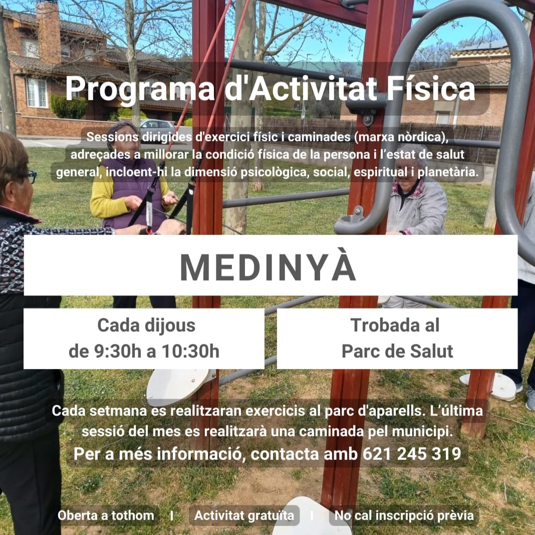 ajMedinya's tweet photo. Sessions dirigides d'exercici físic i caminades. Cada dijous a les 9:30 h a 10:30 h al Parc de Salut de Medinyà. Activitat oberta a tothom, gratuïta i no cal inscripció prèvia. Per a més informació contacte amb el telèfon 621245319. https://t.co/OpefFHYlho
