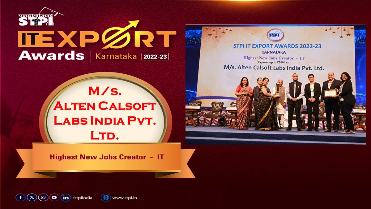 M/s. Alten Calsoft Labs India Pvt. Ltd. has been awarded with “Highest New Jobs Creator–IT at STPI IT Export Awards-Karnataka 2023 on the sidelines of #BTS2023 @Rajeev_GoI @PriyankKharge @S_PrakashPatil @arvindtw