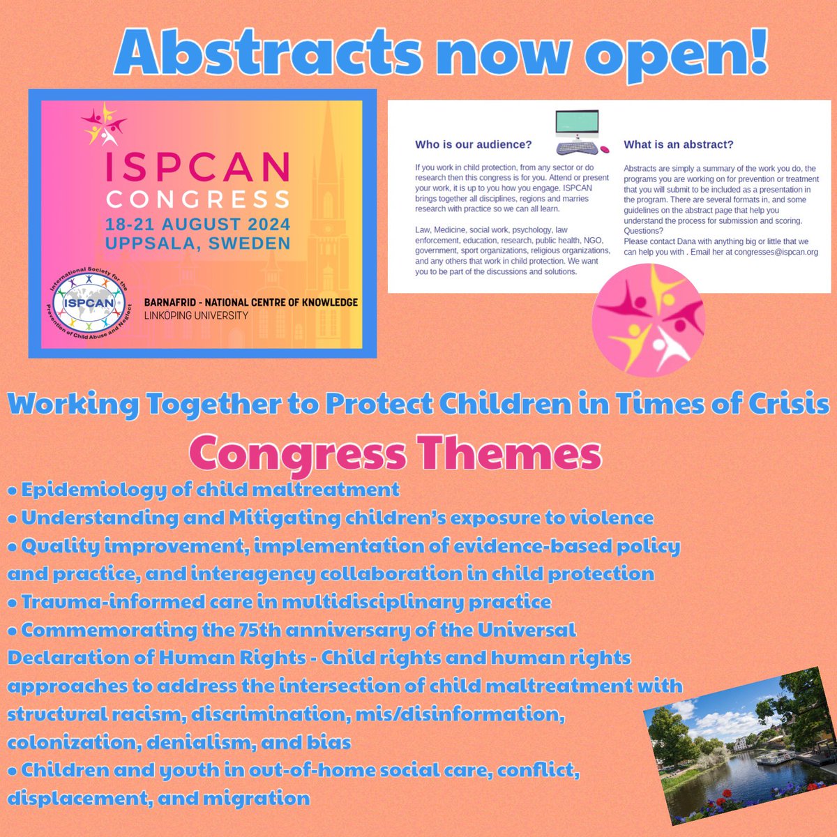 ISPCAN's tweet photo. ISPCAN Sweden Congress 2024 Abstracts open!  Submit today! To learn more and submit visit our congress page:  https://t.co/BR1OqyiZqX #ispcansweden #workingtogether #protectingchildren #barnafrid #linkopinguniversity https://t.co/KqrFO2LFVj