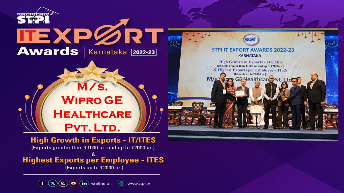 M/s. Wipro GE Healthcare Pvt Ltdhas been awarded with“High Growth in Exports IT/ITES & Highest Exports per Employee–ITES” at STPI IT Export Awards-Karnataka 2023 on the sidelines of #BTS2023 @Rajeev_GoI @PriyankKharge @S_PrakashPatil @arvindtw @GEHealthIndia
