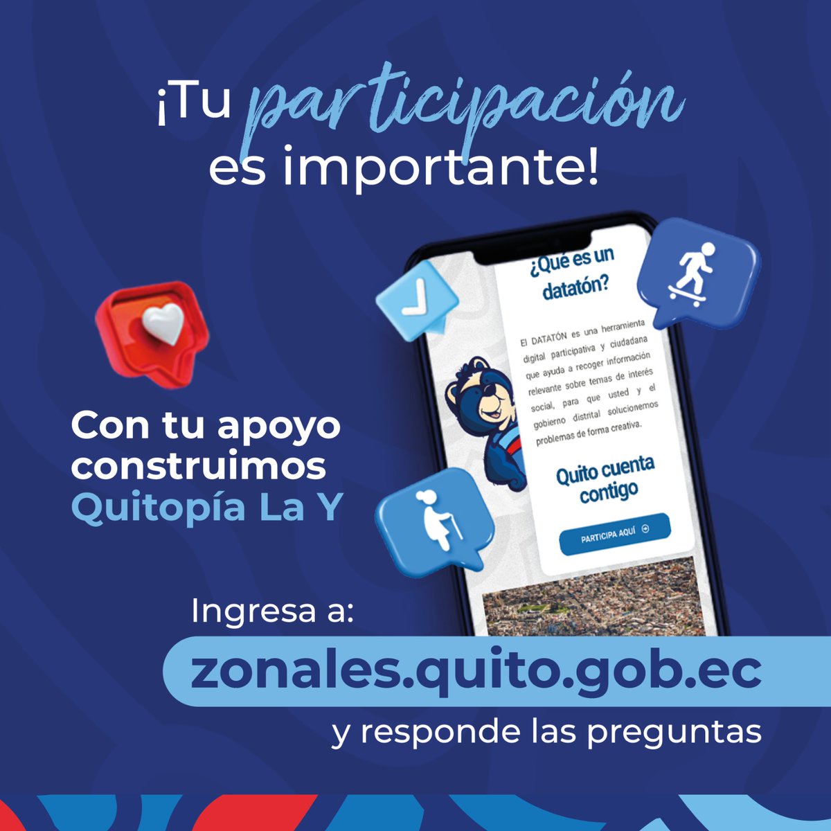 zonalesquito's tweet photo. 🌈#Quitopia | ¡Quito cuenta contigo!
Participa en el datatón y ayúdanos a construir las Quitopías.
📍Ingresa en https://t.co/bxhPnjcvx8 y selecciona la sección Quitopías. Juntos, construyamos sueños.
#QuitoRenace https://t.co/97UjPmI7hD