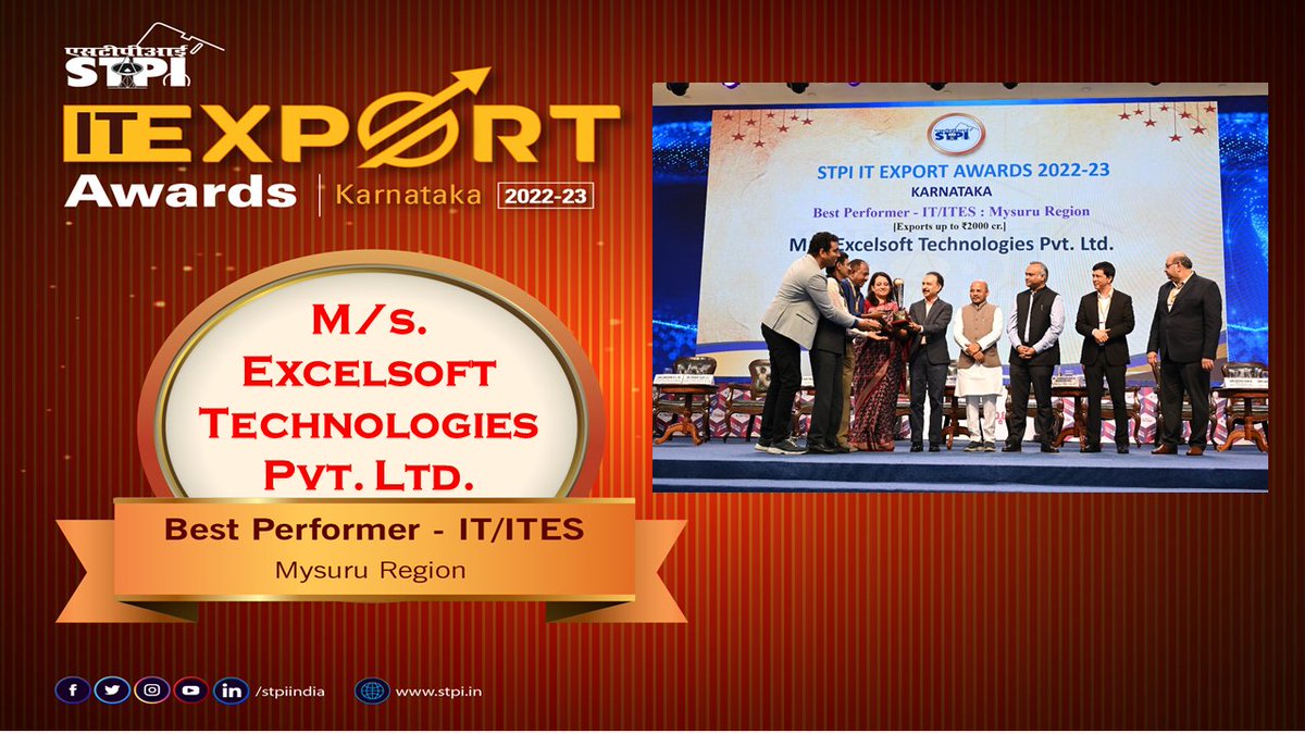 M/s. Excelsoft Technologies Pvt. Ltd. has been awarded with“Best Performer- IT/ITES -Mysuru Region” at STPI IT Export Awards – Karnataka 2023 on the sidelines of #BTS2023 @Rajeev_GoI @PriyankKharge @S_PrakashPatil @arvindtw @Excelsoft_Corp