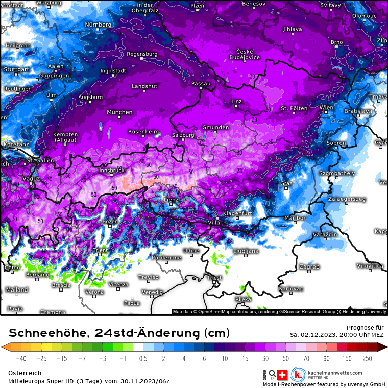 Alpinwetter's tweet photo. #Österreich: Luftmassengrenz &amp; Adriatief ergibt eine echte Schneebombe! Von Freitag 20 Uhr bis Samstag 20 Uhr fallen in vielen Regionen beachtliche Schneemengen. Vielerorts werden 10 bis 60 cm fallen &amp; auf den Bergen der Hohen Tauern 70 bis 90 cm! /CG Abo: https://t.co/u4kcL5UVBH https://t.co/mtlf7ayNSx