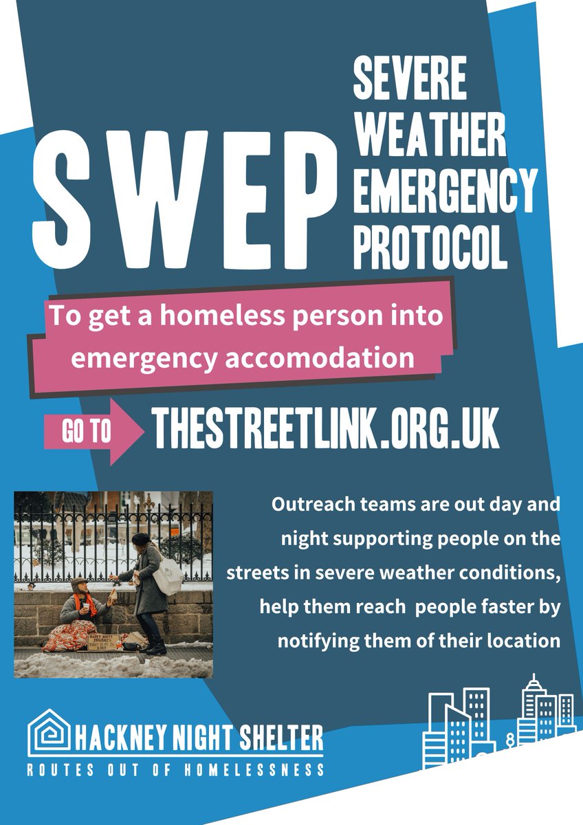 SWEP has been activated in London. We have opened up 10 extra beds in Hackney. Outreach teams + local authorities are ensuring people #roughsleeping get access to #emergencyaccommodation during the severe weather. #swep -refer rough sleepers here- thestreetlink.org.uk