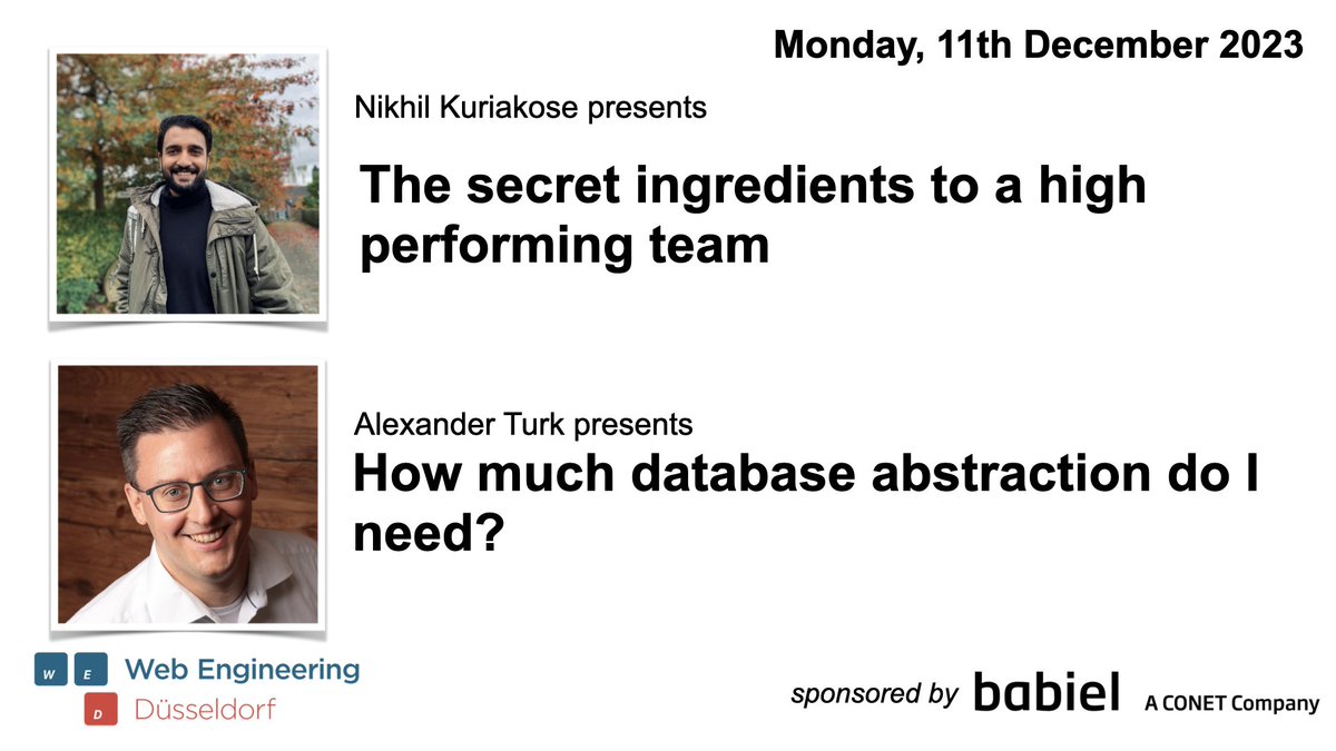 Next Meetup: Monday, December 11, 2023 at 6:00 PM <a href="/Babiel/">Mette Schmidt Petersen</a> 

Talks:
• The secret ingredients to a high-performing team by <a href="/nikhilkuria/">nikhil kuriakose</a>
• How much database abstraction do I need? by <a href="/derrabus/">Alexander M. Turek 👨🏻‍💻</a>

Sign up: meetup.com/web-engineerin…
