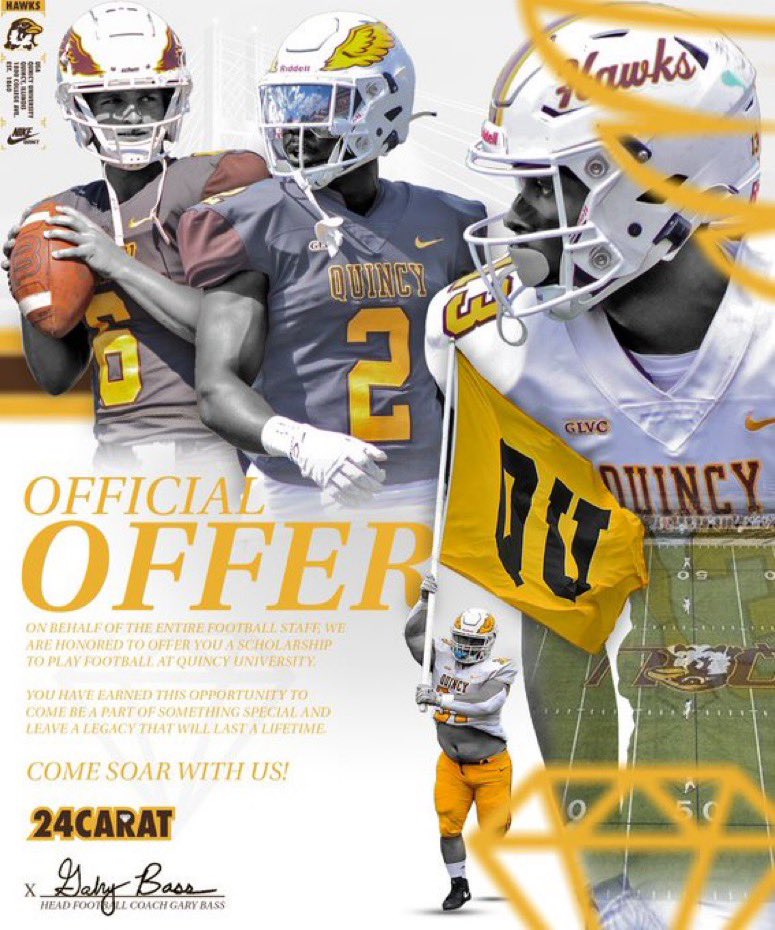 After a great conversation with <a href="/Coach_Ladd/">Tim Ladd</a> I’m blessed to receive an offer from Quincy university, go hawks!
<a href="/EDGYTIM/">Timothy “EDGYTIM” OHalloran</a> <a href="/coach_gt1/">Greg Taylor</a> <a href="/Brent89959563/">Coach Nance</a>