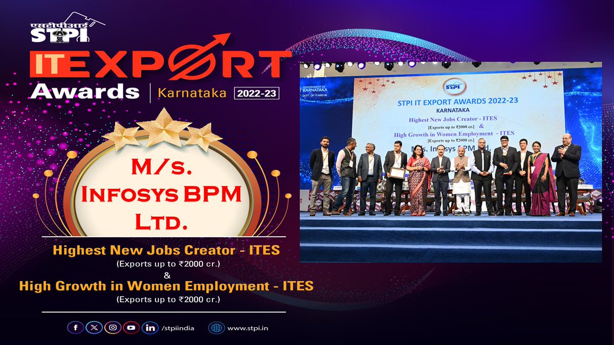 M/s. Infosys BPM Ltd. has been awarded with “Highest New Jobs Creator–ITES” & High Growth in Women Employment – ITES” at STPI IT Export Awards-Karnataka 2023 on the sidelines of #BTS2023 @Rajeev_GoI @PriyankKharge @S_PrakashPatil @arvindtw @InfosysBPM