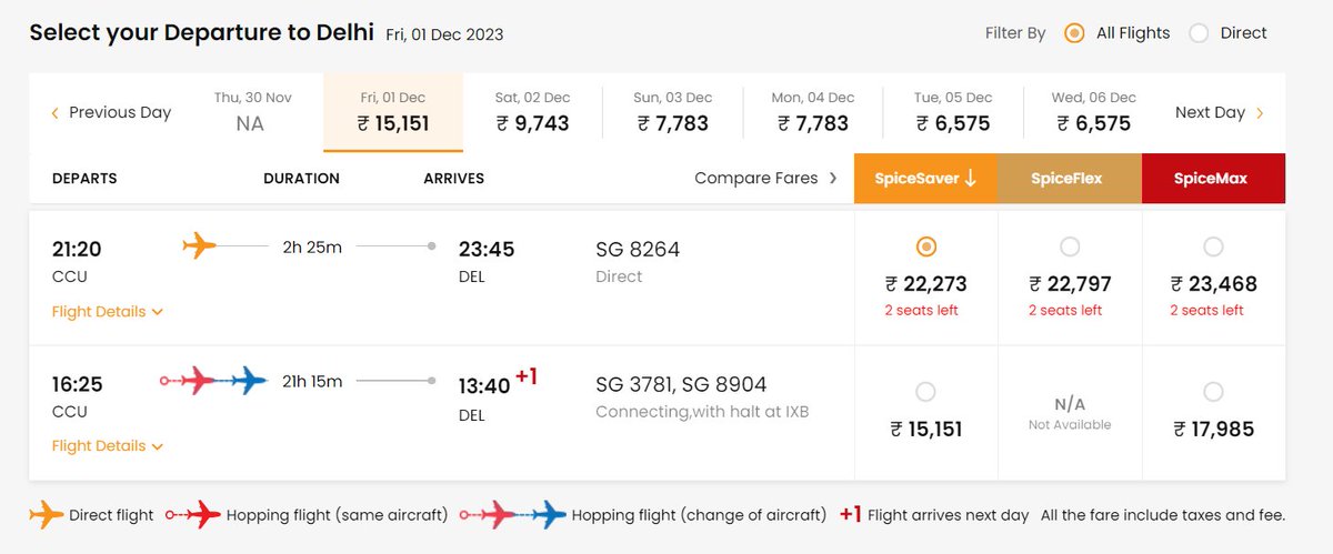 sayan_ms's tweet photo. @MoCA_GoI @MoCA_GoI @flyspicejet 
I booked a flight from a different airline, spending more  5000 than the previous ticket rs for 1st December 2023, because there are only 2 flights, that's also at 4:25 pm &amp; 9:20 pm.

I need compensation for this. https://t.co/vLP44999hl