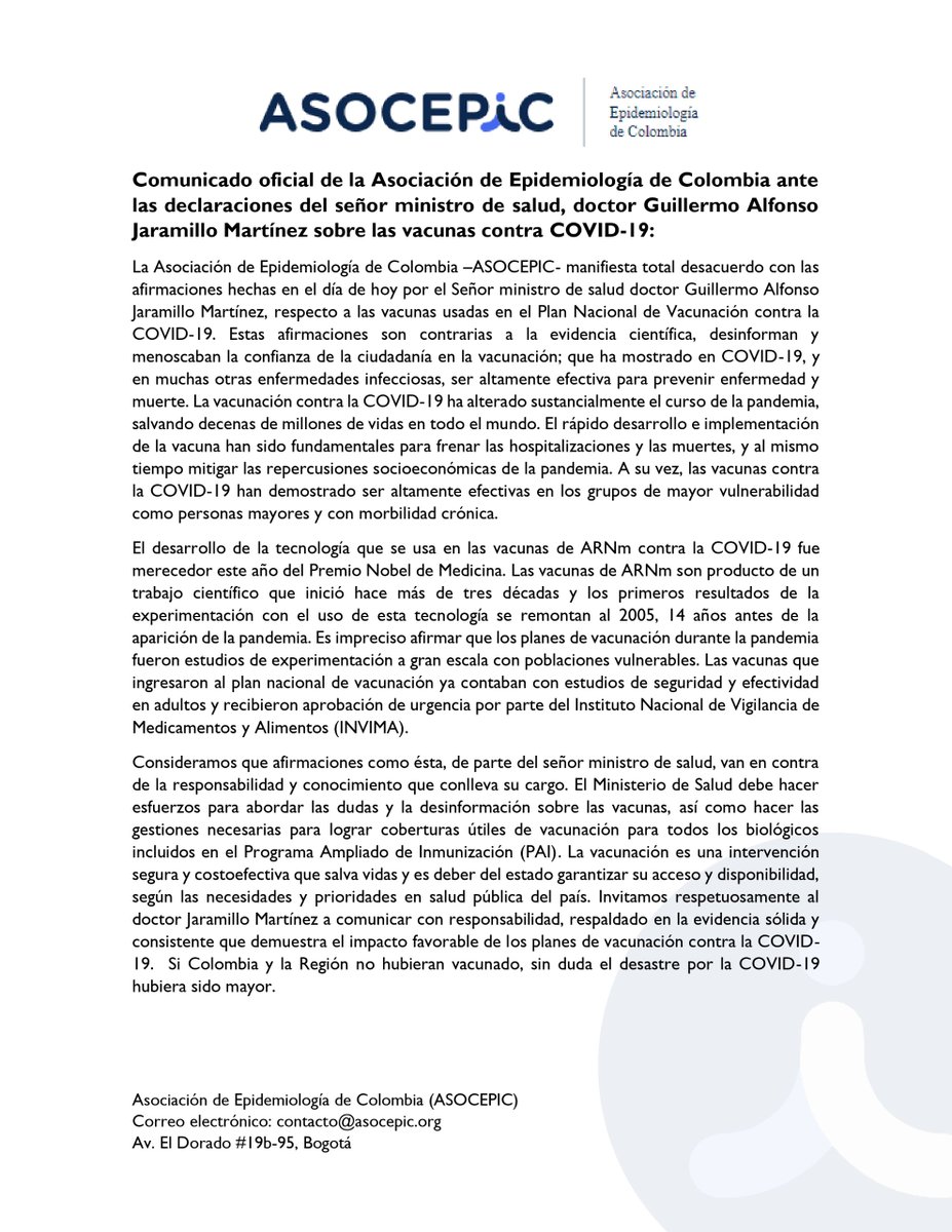 asocepic's tweet photo. Comunicado oficial de la Asociación de Epidemiología de Colombia ante las declaraciones del señor ministro de salud, doctor Guillermo Alfonso Jaramillo Martínez, sobre las vacunas contra la COVID-19. https://t.co/qka6OvOWcT