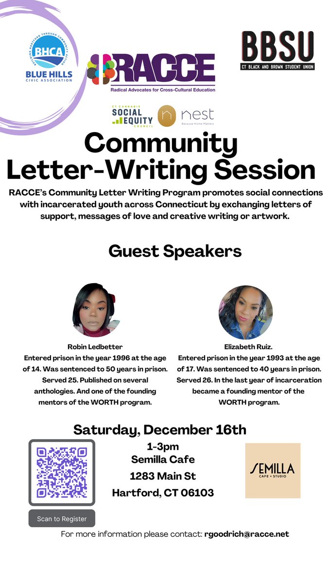 Join <a href="/CTBBSU/">CT Black and Brown Student Union (CTBBSU)</a> &amp; <a href="/bluehillscivic/">BHCA</a> at our next Community Letter Writing Session w/ guest speakers Robin Ledbetter and Elizabeth Ruiz.

RACCE’s Community Letter Writing Program promotes social connections w/ incarcerated youth across Connecticut.

Register:  bit.ly/CLWSRACCE_Event