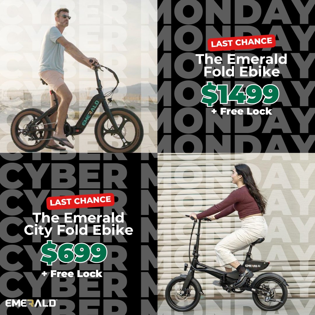 Hurry! Get $300 off the Emerald City Fold, $500 off the Emerald Fold until midnight. Plus get a FREE lock at checkout with code CMSAVINGS23! Celebrate the holidays with the joy of ebiking. 🎁 emerald.shop