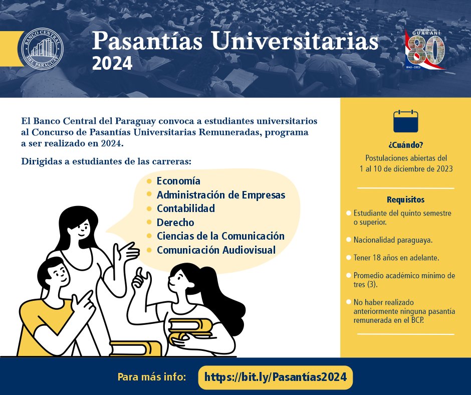 BCP_PY's tweet photo. El BCP abre la convocatoria para Pasantías Universitarias 2024.

Las inscripciones estarán habilitadas del 1 al 10 de diciembre de 2023.

Conocé todos los requisitos y accedé al formulario electrónico aquí: https://t.co/TxcGj8mHzR
#PasantíasBCP https://t.co/H3mBnGkG7m