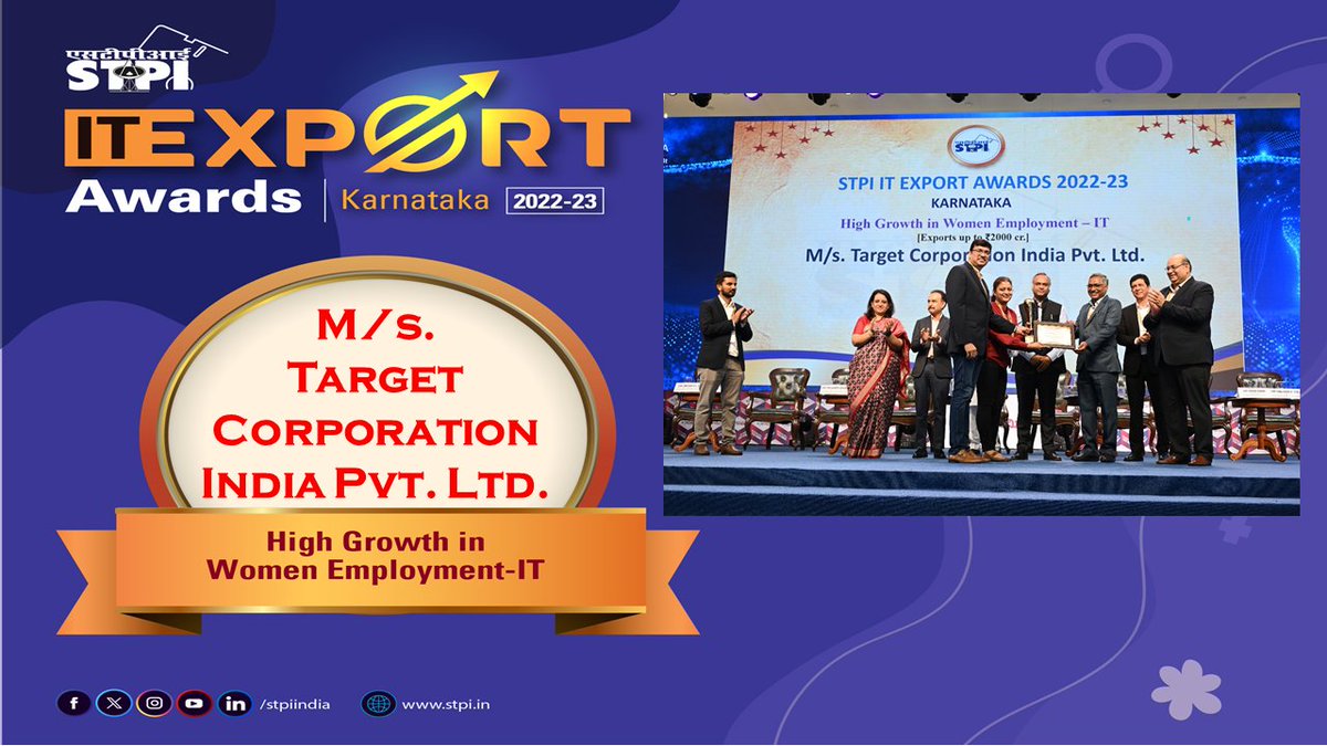 M/s. Target Corporation India Pvt. Ltd. has been awarded with “High Growth in Women Employment – IT” at STPI IT Export Awards-Karnataka 2023 on the sidelines of #BTS2023 @Rajeev_GoI @PriyankKharge @S_PrakashPatil @arvindtw @DrCaur @TeamTargetIndia