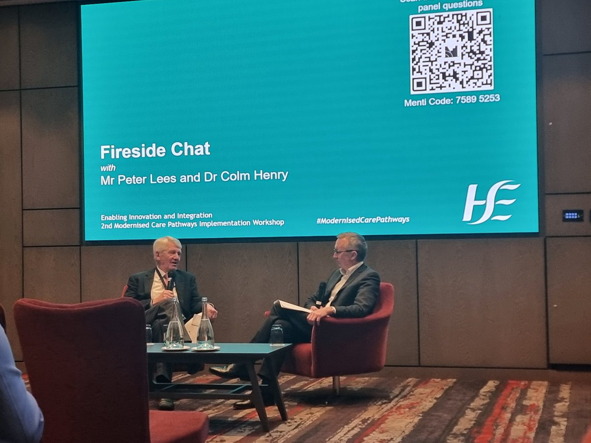 Superb input from Mr Peter Lees on the unique elements of leadership in Healthcare. Most simple straightforward words of wisdom I've heard in a long time. Good fireside chat now in place with CCO #Modernisedcarepathways @CcoHse