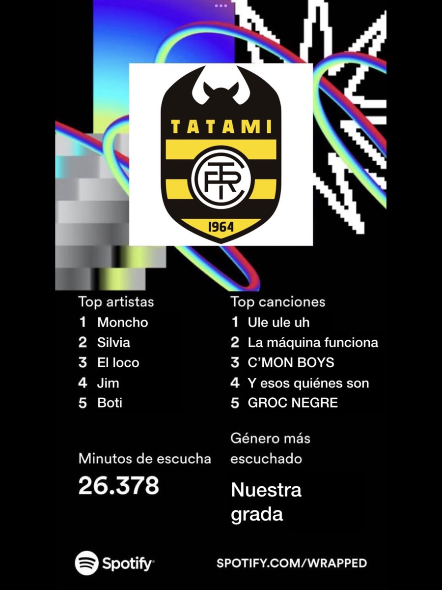 💛TATAMI WRAPPED🖤

Aquí os dejamos los TEMAZOS más escuchados por nuestros jugadores y jugadoras. 

#tatamirugbyclub #rugbyvalencia #grocnegre #Spotify #SpotifyWrapped2023