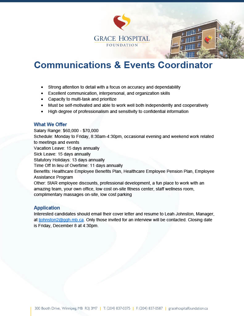 We are hiring a Communications &amp; Events Coordinator! Please email your cover letter and resume to Leah Johnston, Manager, at ljohnston2@ggh.mb.ca or apply on indeed at ca.indeed.com/job/communicat…
#hiring
