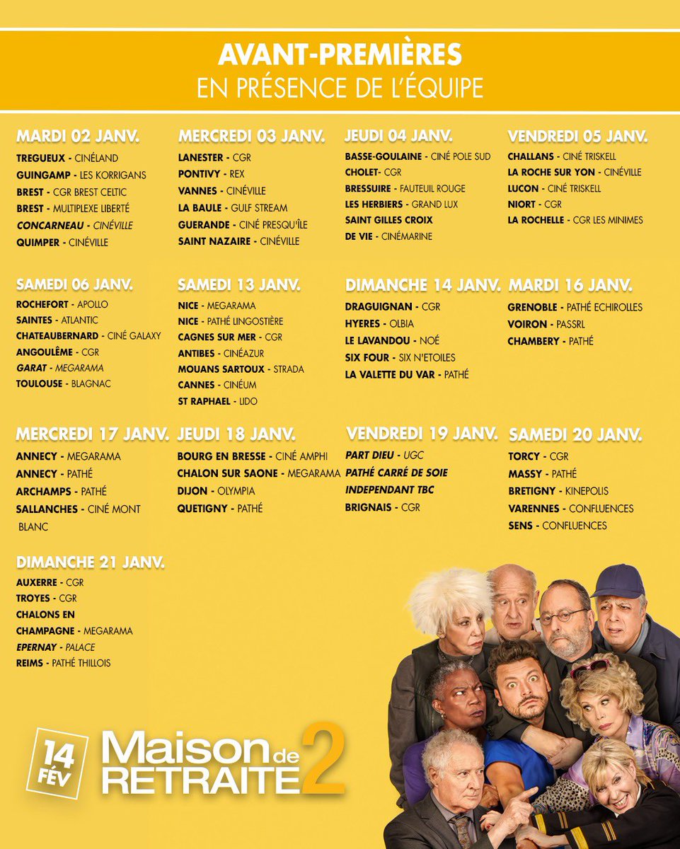 kevadamsss's tweet photo. Toutes les dates des avant-premières de #MaisonDeRetraite2 !
Ça va être fou, vous venez ou?! https://t.co/XQL5f23PY4