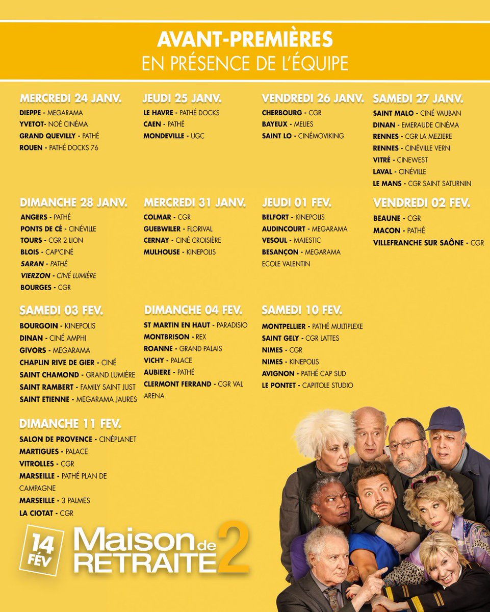 kevadamsss's tweet photo. Toutes les dates des avant-premières de #MaisonDeRetraite2 !
Ça va être fou, vous venez ou?! https://t.co/XQL5f23PY4