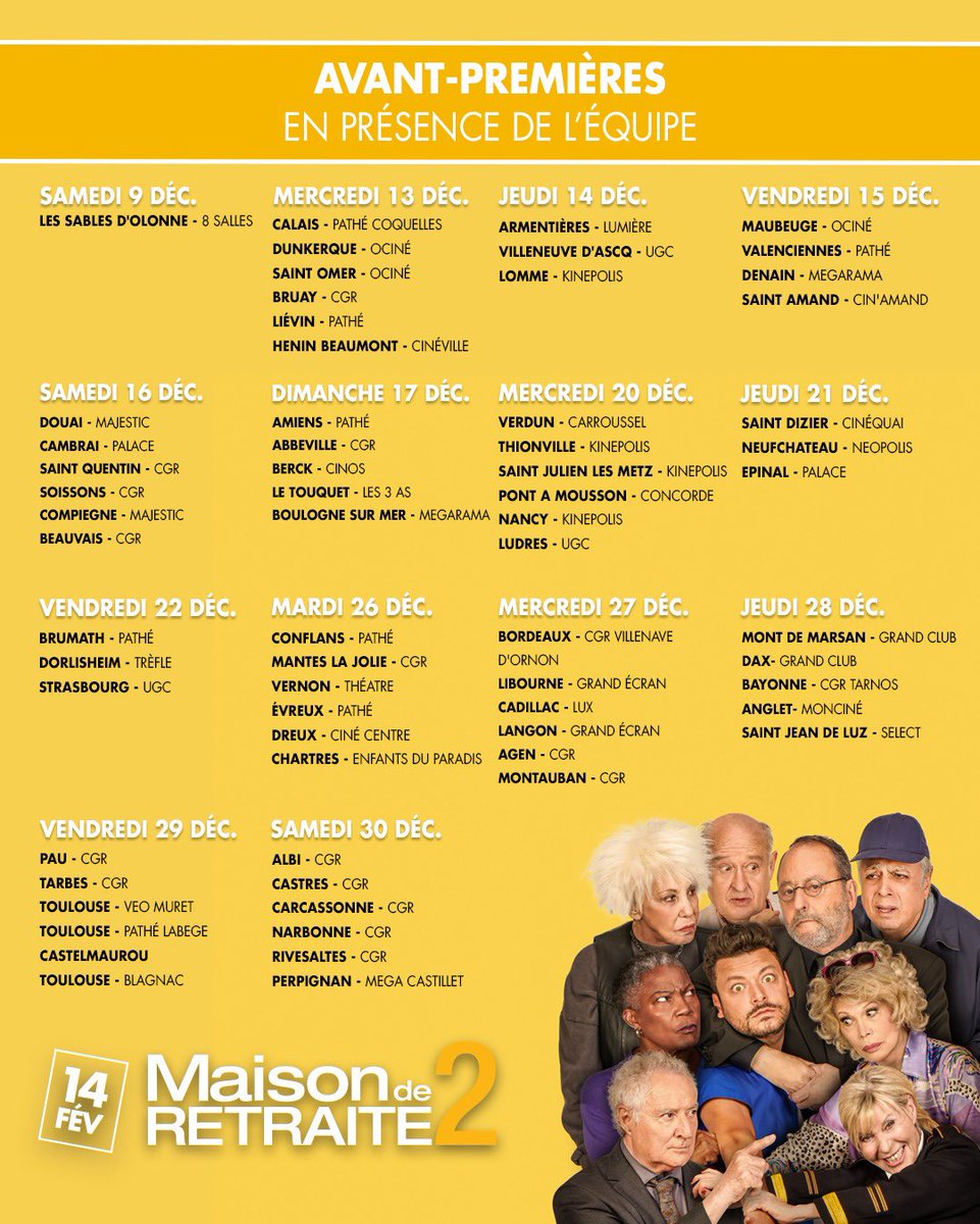 kevadamsss's tweet photo. Toutes les dates des avant-premières de #MaisonDeRetraite2 !
Ça va être fou, vous venez ou?! https://t.co/XQL5f23PY4