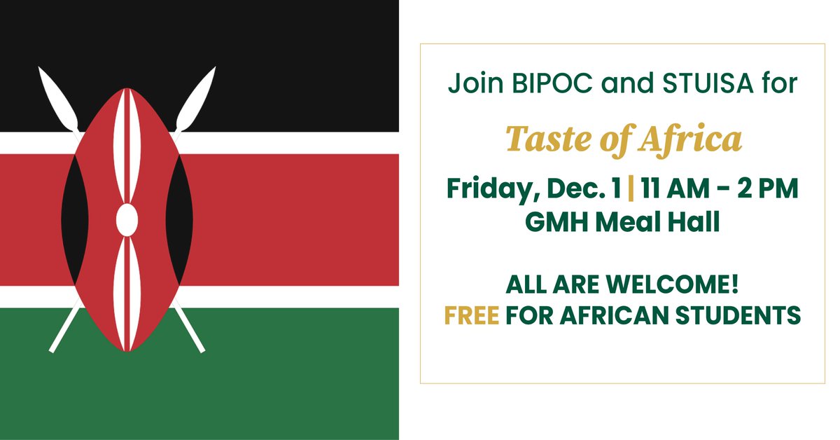 Join STU-BIPOC &amp; STUISA for the "Taste of Africa" event TOMORROW, in the George Martin Dining Hall from 11 AM - 2 PM. This is an opportunity for students, staff and faculty to try food from across Africa.
Menu items: bit.ly/47CXBBS