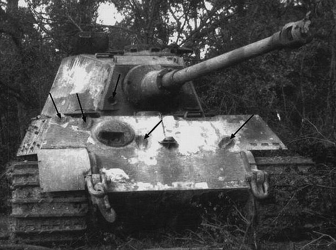 WWII9's tweet photo. King Tiger shows five strikes by armor piercing rounds that failed to penetrate the hull. #WW2.
https://t.co/Rop4S8ffLM https://t.co/tW95gkji6Q