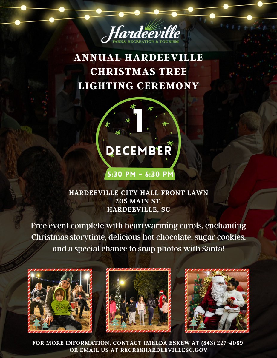 🌧️🎅 Rain or shine, the countdown is on! Hardeeville Annual Christmas Tree Lighting on December 1st, 5:30 PM - 6:30 PM at Hardeeville City Hall Front Lawn! 
☕️FREE hot cocoa, cookies, a heartwarming Christmas story, festive carols, and a magical meet-and-greet with Santa !🍪📚🎶