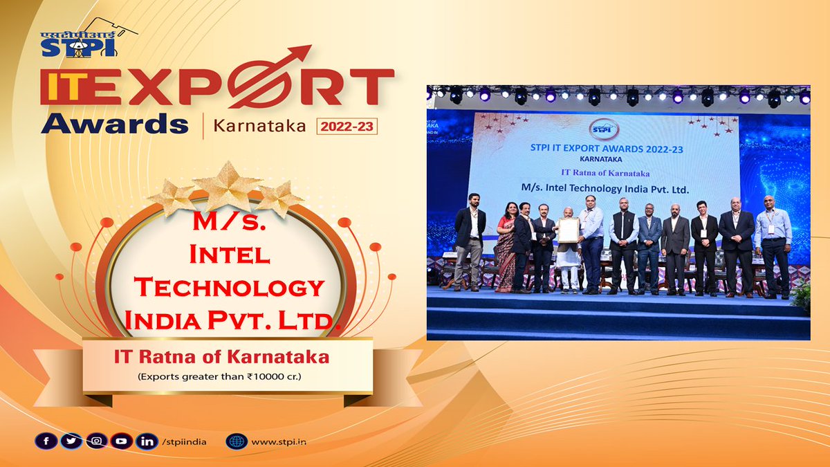 M/s.Intel Technology India Pvt. Ltd. has been awarded with “IT Ratna of Karnataka (Exports greater than Rs.10000 cr.)” at STPI IT Export Awards – Karnataka 2023 on the sidelines of #BTS2023 @Rajeev_GoI @PriyankKharge @S_PrakashPatil @arvindtw @DrCaur @IntelIndia