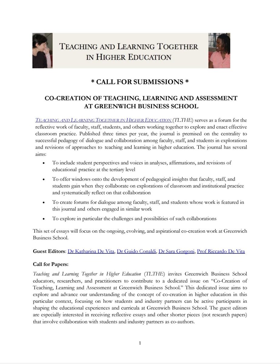We are excited to announce a dedicated GBS issue in 'Teaching and Learning Together in Higher Education' focusing on "Co-Creation of Teaching, Learning and Assessment at Greenwich Business School."  

Guest Editors: Katharina De Vita, Guido Conaldi, Sara Gorgoni, Riccardo De Vita