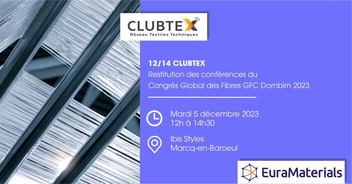 🚀 Plus que quelques jours pour vous inscrire au 12/14 @CLUBTEX consacré à la Restitution du Congrès Global des Fibres GFC Dornbirn 2023 !
📅 5/12 de 12h à 14h
📍à l'Ibis Style de Marcq-en-Baroeul
Inscription ici 👉 swll.to/tHUqE
#FibresSynthétiques #InnovationTextile