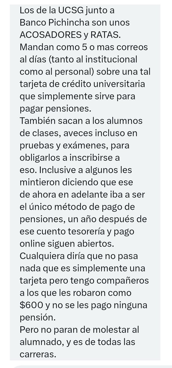 EmergenciasEc's tweet photo. #DenunciaCiudadana
Ya varios estudiantes de una conocida universidad me han escrito por el mismo tema, el acoso qué viven por una tarjeta universitaria. https://t.co/gspOes0M1w