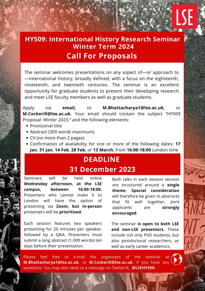 Our International History Research Seminar (@LSEHY509) has a call for papers 📢 They encourage PhD students, postdoctoral researchers, and early career academics to send research proposals! Email the organisers 📧 - m.bhattacharya1@lse.ac.uk - m.cockerill@lse.ac.uk