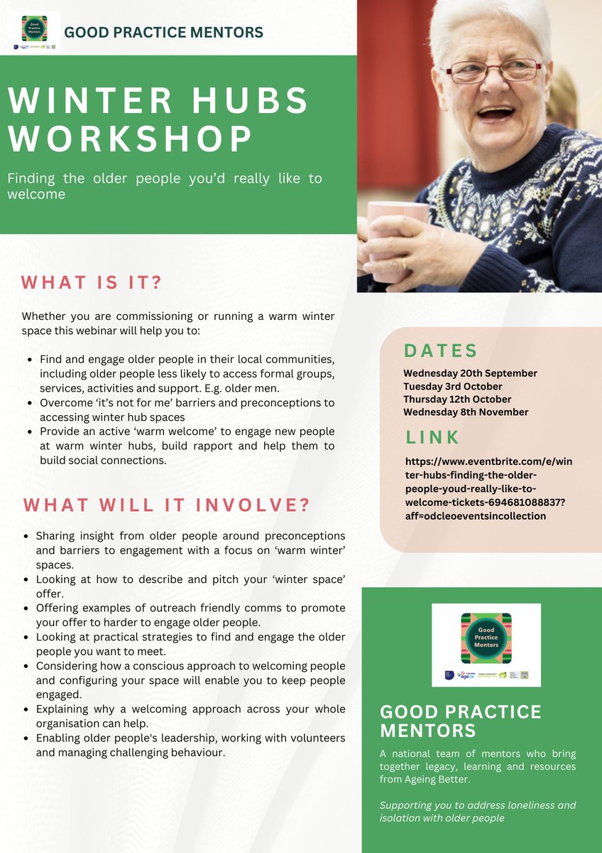 Are you running or commissioning a 'warm winter' space? Join us for our free, Good Practice Mentor zoom session - sharing practical tips to find and welcome new people to your winter space (Tuesday 5 December 10am) eventbrite.com/e/winter-hubs-… <a href="/goodfaith/">Good Faith Partnership</a> @GPMentors <a href="/AgeUKCamden/">Age UK Camden</a>
