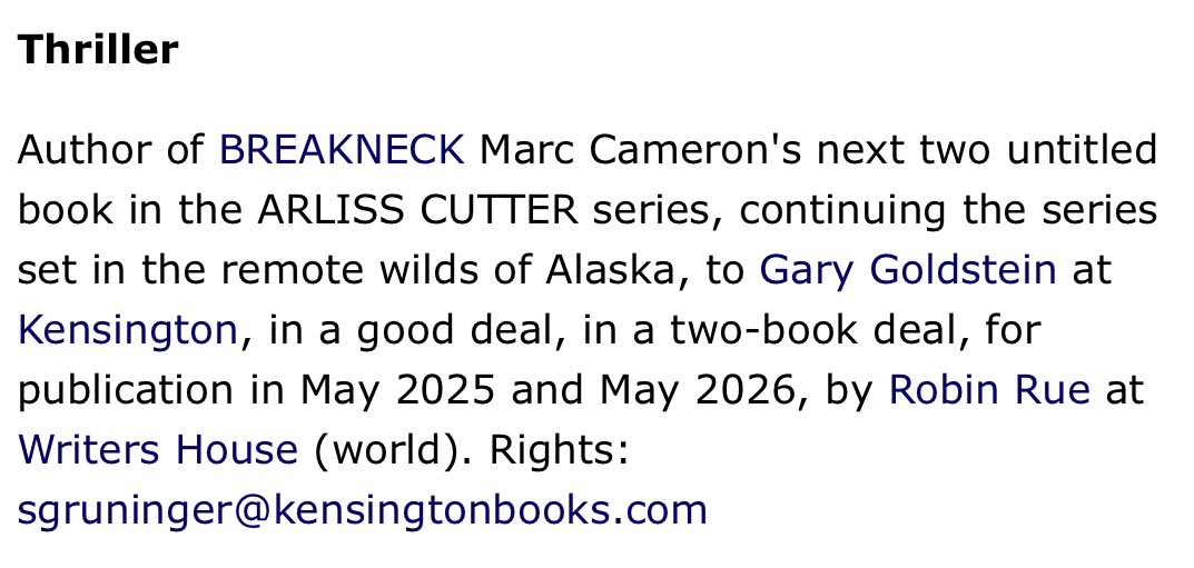 The latest from @MarcCameron1 ⬇️ Two book deal for more Arliss Cutter.