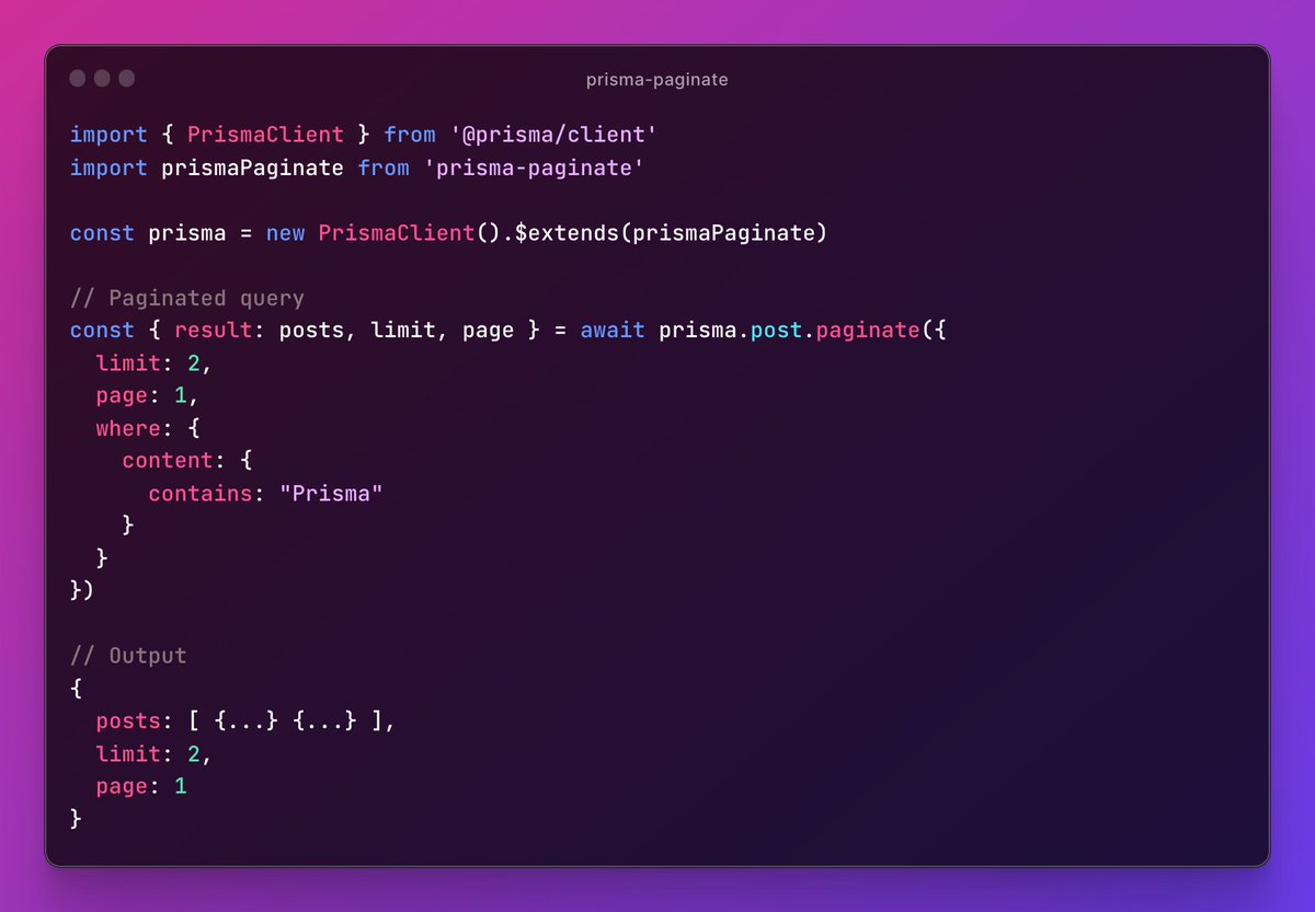 prisma's tweet photo. 📟 Community highlight of the week: prisma-paginate

prisma-paginate provides utility methods that make it easy and convenient to query paginated data in Prisma Client.

Try it out and give the project a 🌟 
https://t.co/etWpkTK8Nz https://t.co/n95waDRF4N