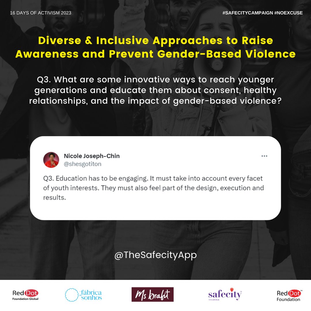 TheSafecityApp's tweet photo. Here’s a recap of our #Safecity chat with Myrian Castello & Nicole Josph-Chin on "Diverse & Inclusive Approaches to Raise Awareness & Prevent Gender-Based Violence".
Access the full recap here: https://t.co/xGin7XsAgq
#NOEXCUSE
#RedDotFoundation
#daysofactivism #unwomen https://t.co/tLDK3VAsaw