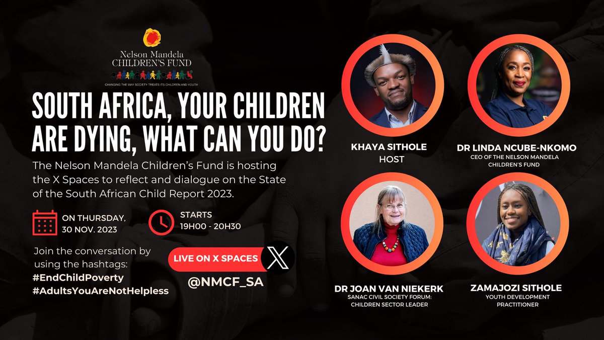 🎙 Tonight, for our final Children’s Month discussion on X Spaces, let’s dive deep into the State of the South African Child and reflect on their well-being.

Join here: x.com/i/spaces/1lPJq… 

#StateOfTheSouthAfricanChildReport2023 #EndChildPoverty #AdultsYouAreNotHelpless