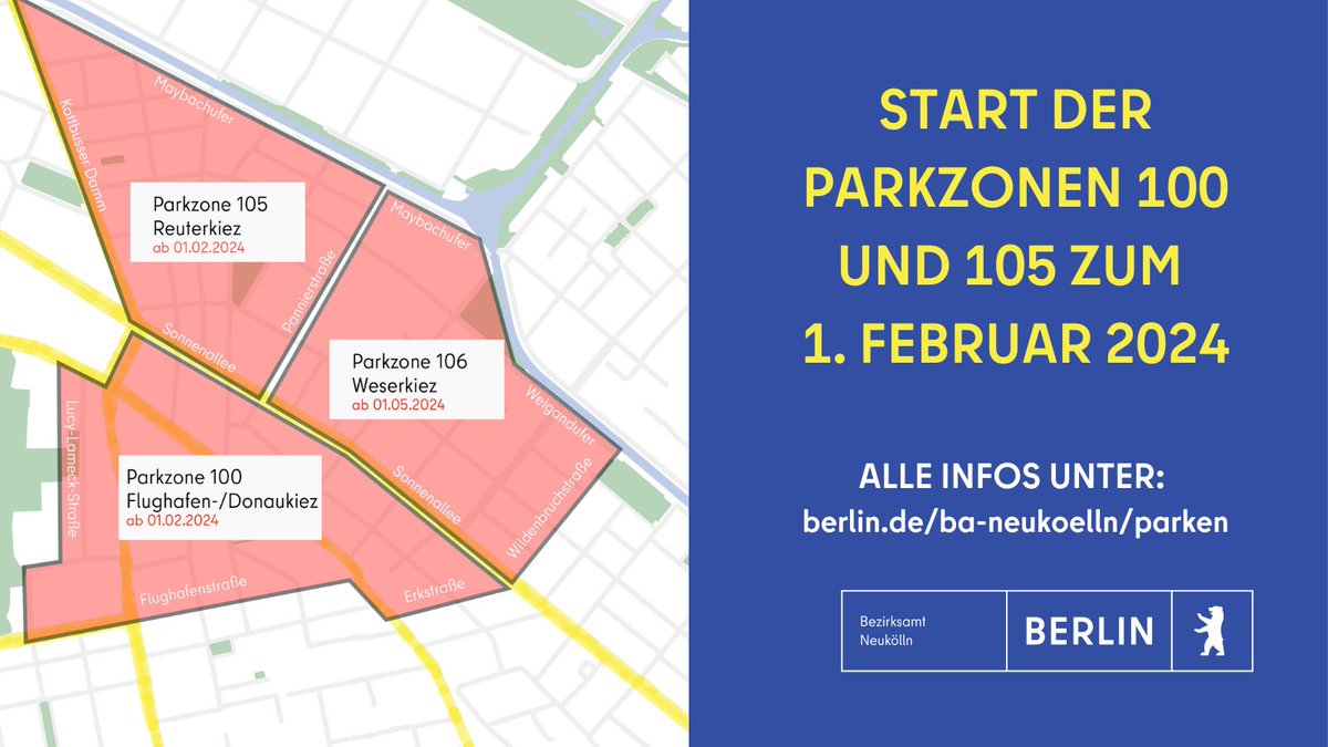 Aller Anfang ist schwer. Aber nun geht‘s los: Am 1. Februar 2024 starten die ersten 2 Parkzonen in Neukölln: Im Reuterkiez und im Flughafen-/Donaukiez wird Parken gebührenpflichtig. Anwohnende können jetzt einen Parkausweis beantragen. Alles dazu: berlin.de/ba-neukoelln/p…