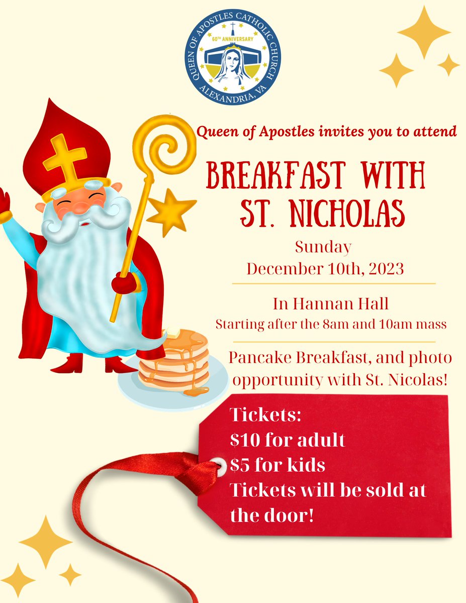 Queen of Apostles (@qoaschoolva) on Twitter photo The Queen of Apostles parish invites you to have breakfast with St. Nicholas on Sunday, December 10th! Come to Hannan Hall after the 8am or 10am Mass for a pancake breakfast and a chance to get your picture taken with St. Nick!
#goeagles #merrychristmas <a href="/arlingtonchurch/">Catholic Diocese of Arlington</a> The Queen of Apostles parish invites you to have breakfast with St. Nicholas on Sunday, December 10th! Come to Hannan Hall after the 8am or 10am Mass for a pancake breakfast and a chance to get your picture taken with St. Nick!
#goeagles #merrychristmas <a href="/arlingtonchurch/">Catholic Diocese of Arlington</a>