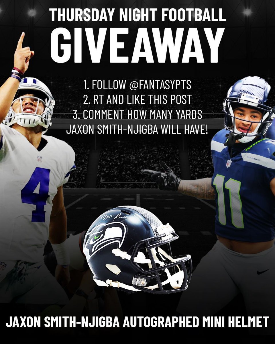 FantasyPts's tweet photo. 🚨 ANOTHER GIVEAWAY 🚨

@Seahawks fans, this one's for you! 🔥

@jaxon_smith1 autographed mini helmet 👀

How to enter ⬇️ #GoHawks  

1. RT and Like this post.
2. Follow @FantasyPts
3. Comment how many yards Smith-Njigba will have tonight against Dallas!

Winner announced Friday! https://t.co/ok8LRqwitg